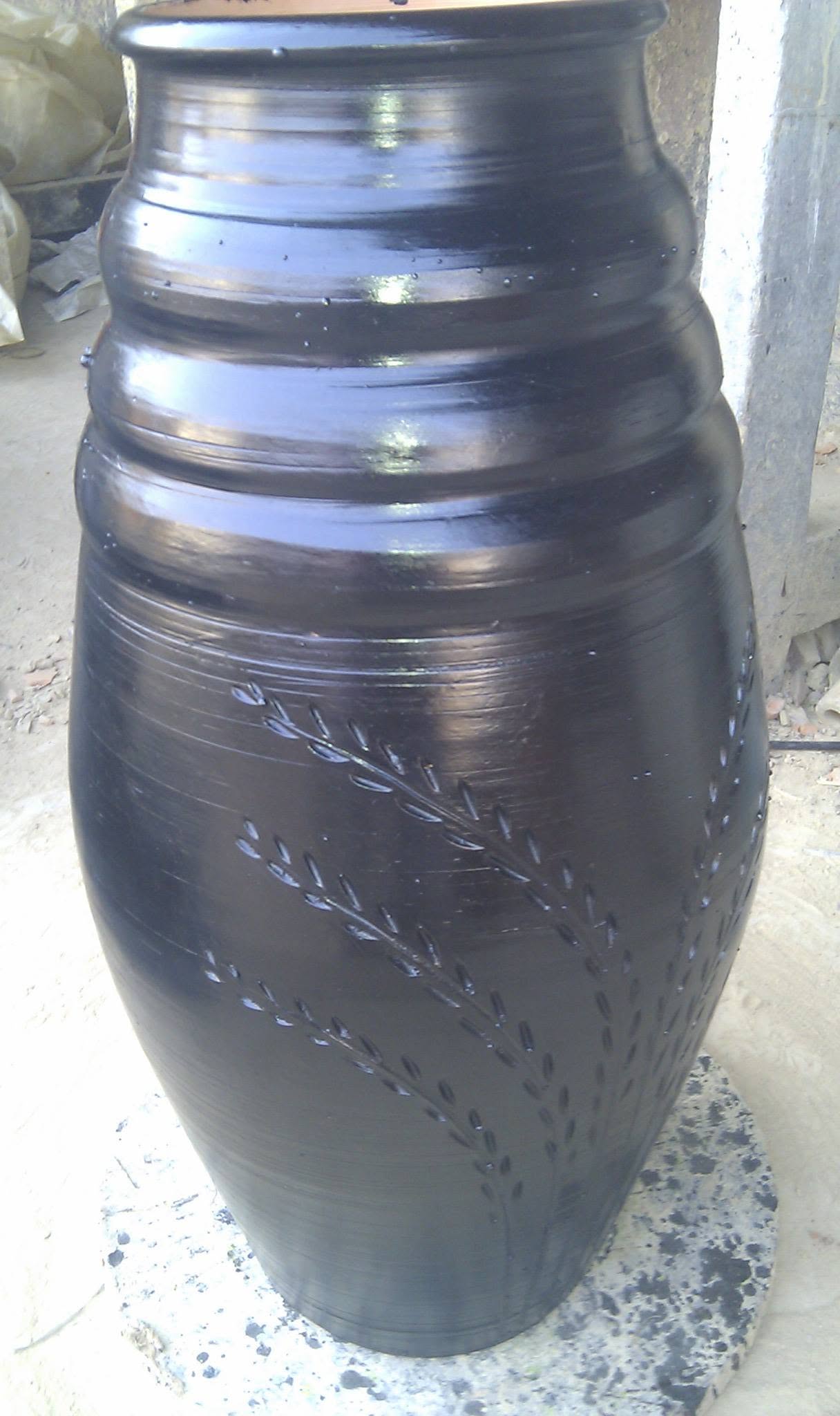 Large Black Carved Pottery Vase
